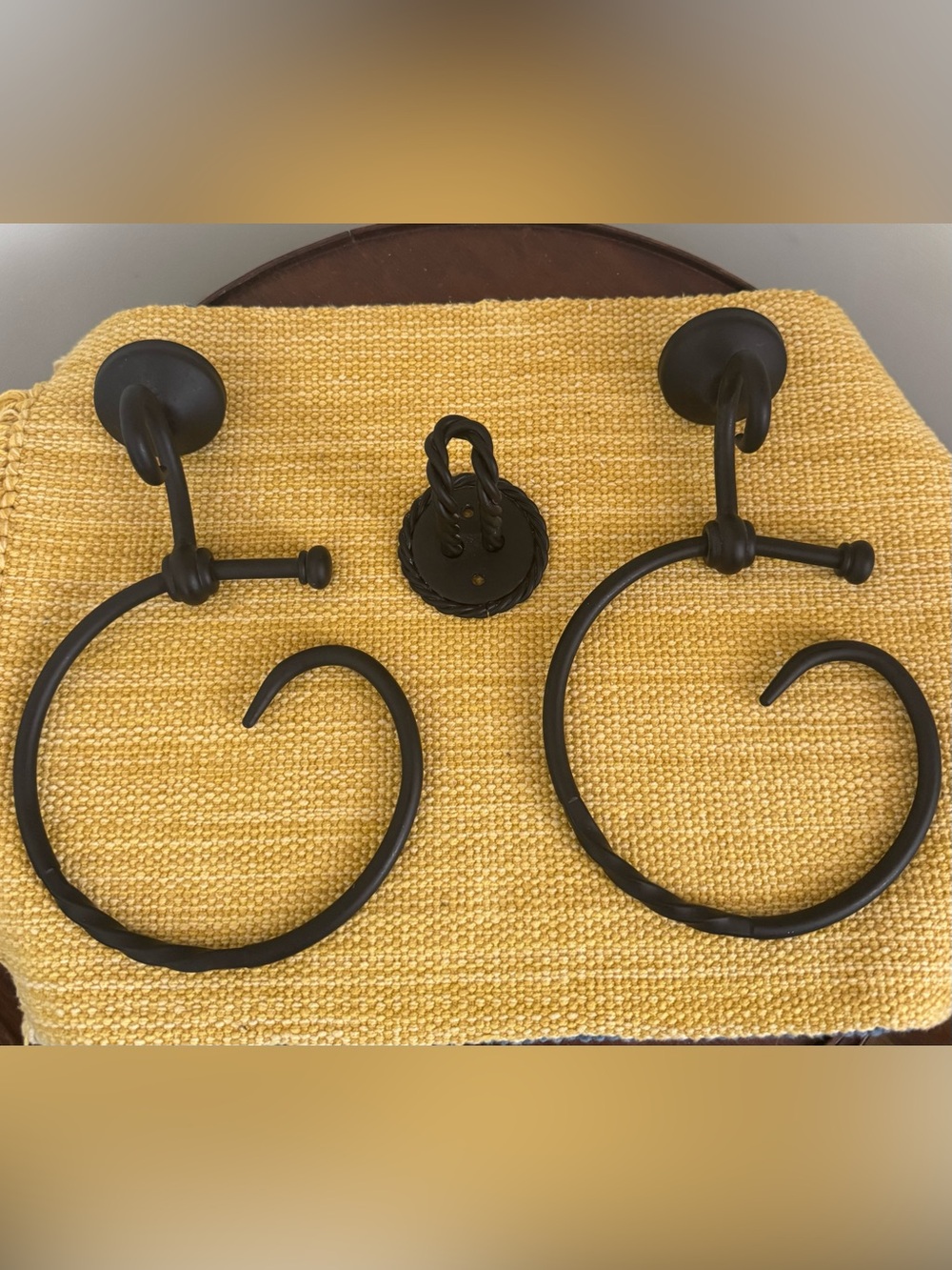 NEW, Two (2) Heavy Wrought Iron Wall Mounted Hand Towel Rings, w/Matching Hook